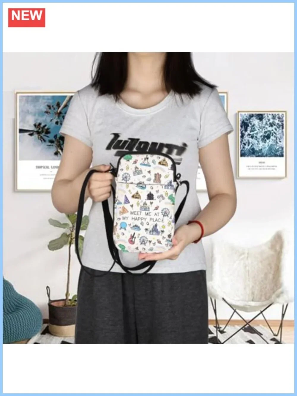 Women's Canvas Printed Crossbody Bag Mini Travel Purse with Zipper